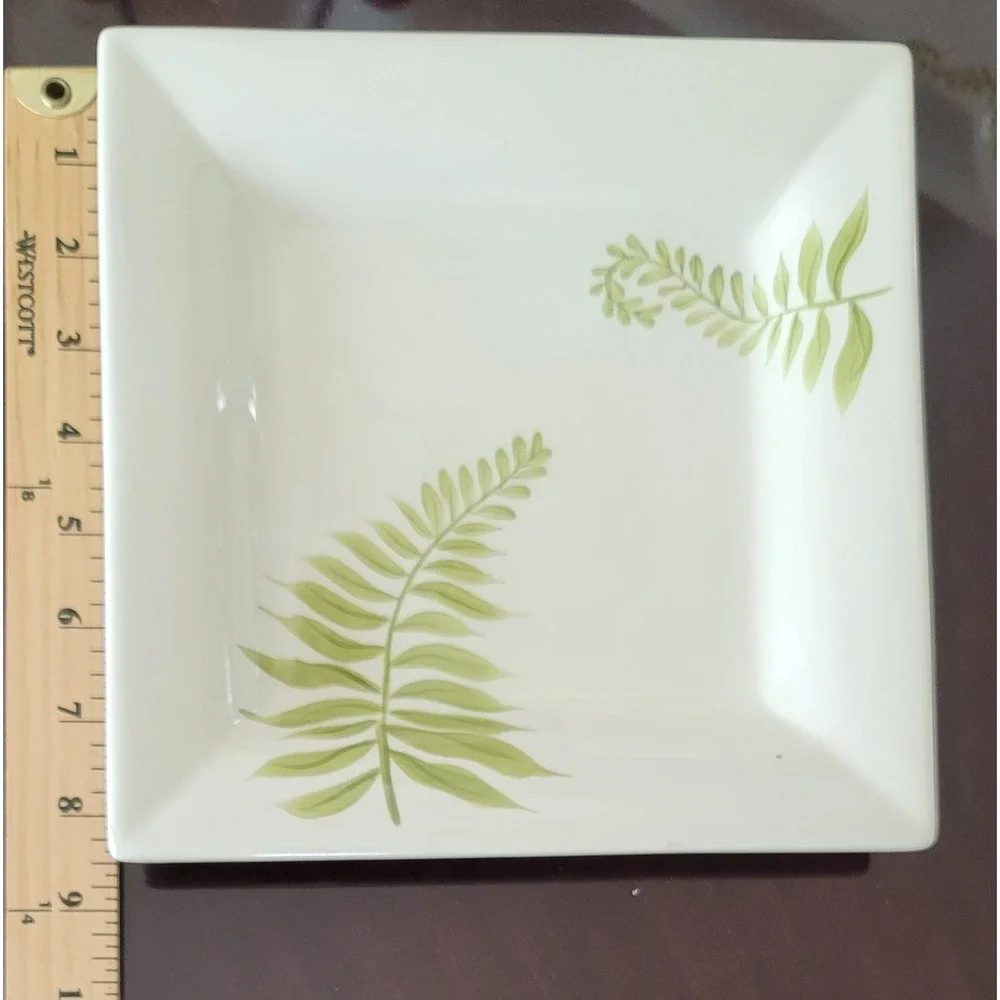 Pottery Barn Fern Square Plate‎ Botanical Leaves Modern Dinnerware RARE EUC